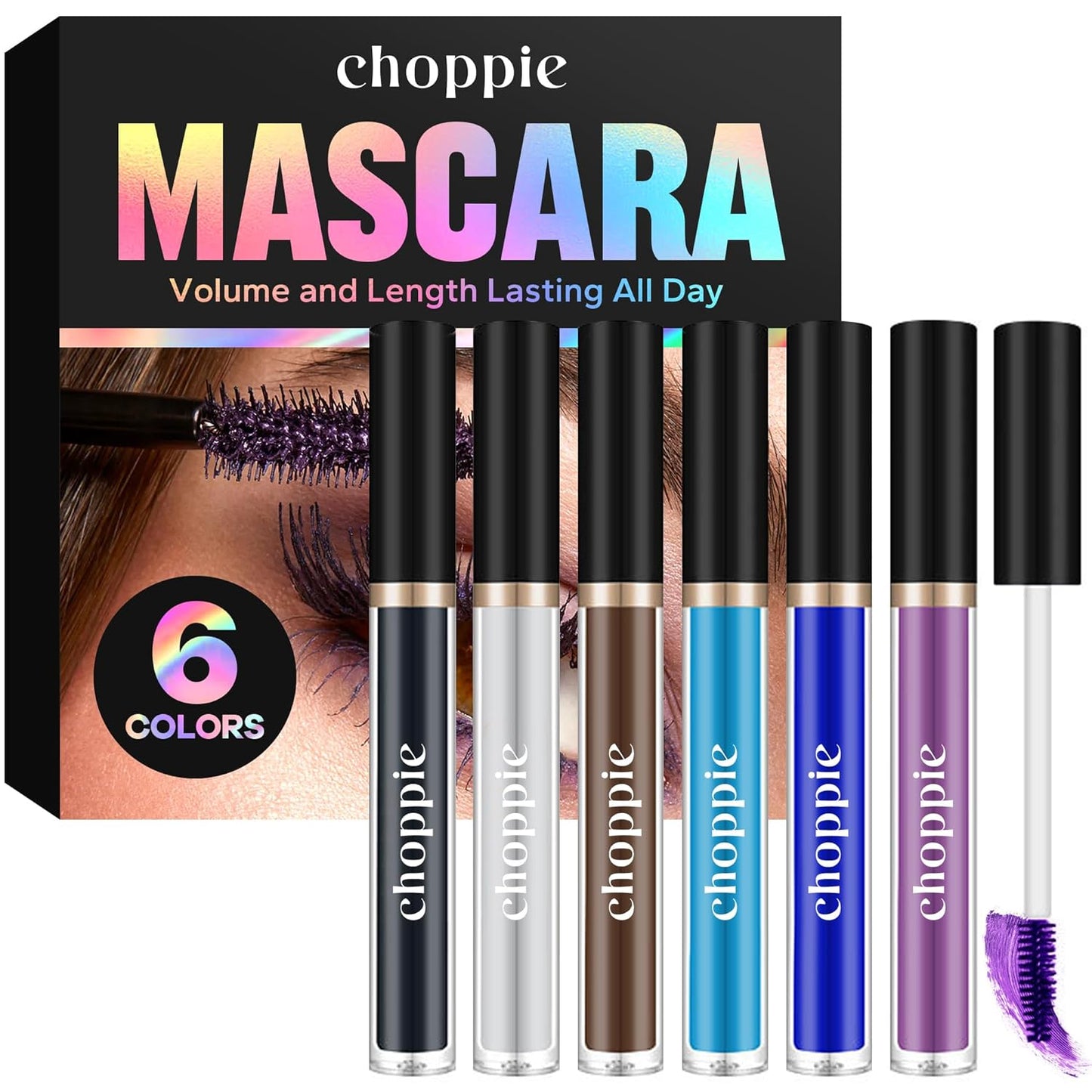 Multicoloured Waterproof Mascara For Lashes (6 Colors), White, Black, Brown, Ocean Blue, Dark Blue And Purple With Lash Comb Brush - Lengthening, Volumising, Long Lasting, Natural Eye Make-up