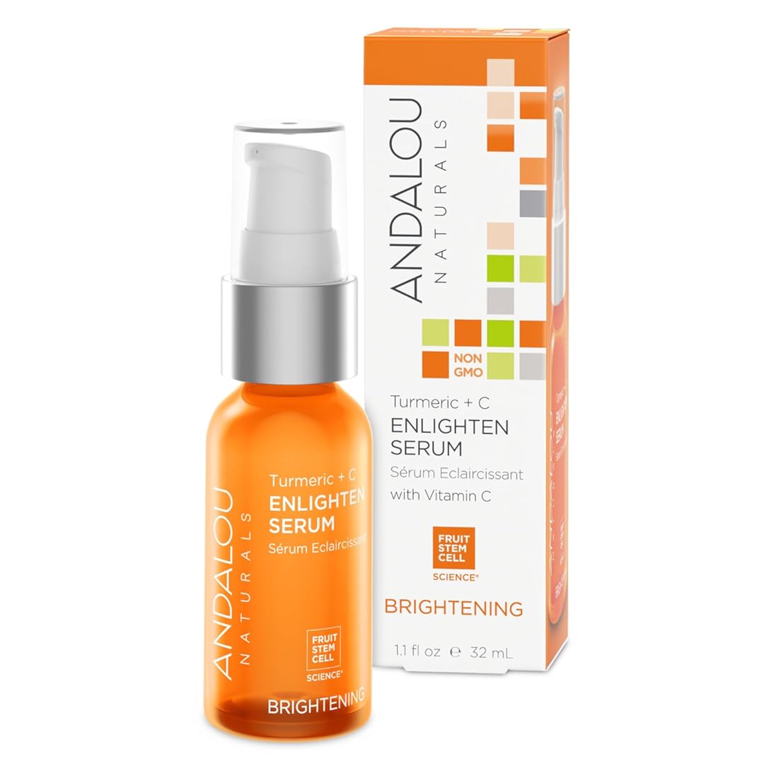 Andalou Naturals Turmeric + C Enlighten Serum, Skin Brightening with Vitamin C & Turmeric, Anti-Aging Care, Diminish Sun Damage, Lighten Skin, 1.1 Fl Oz.