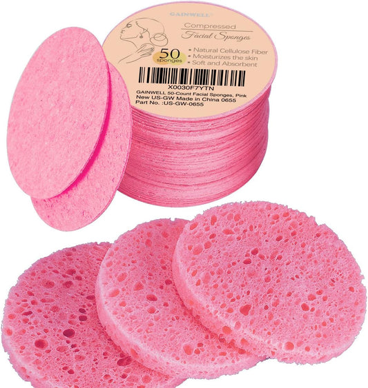 GAINWELL 50-Count Compressed Facial Sponges for Daily Facial Cleansing and Exfoliating, 100_ Natural Cosmetic Spa Sponges for Makeup Remover, Reusable, Pink