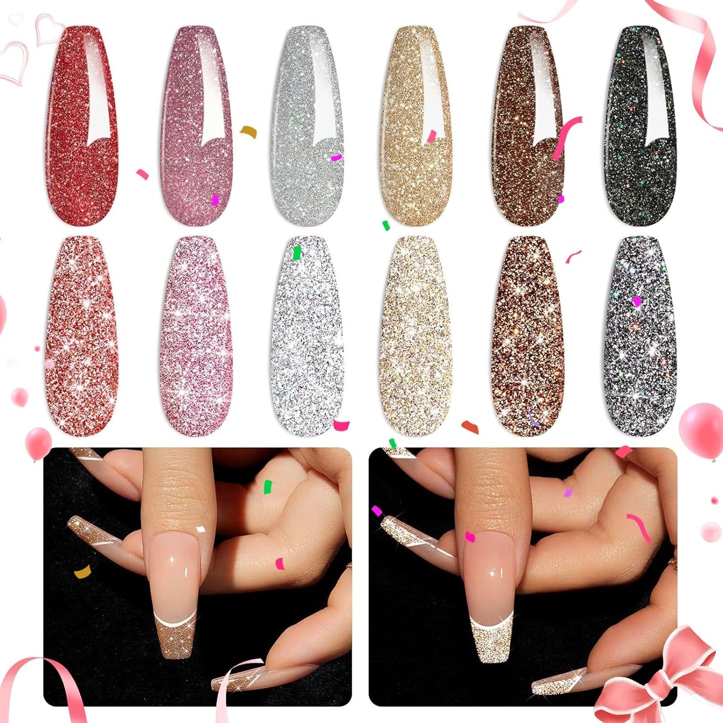 beetles Gel Polish Reflective Glitter Gel Nail Polish Set, 6 Colors Holographic Sparkle Glitter Gel, Flash Diamond Sliver Gold Black Red UV LED Soak Off Manicure Kit Valentine's Gift for Women Girls