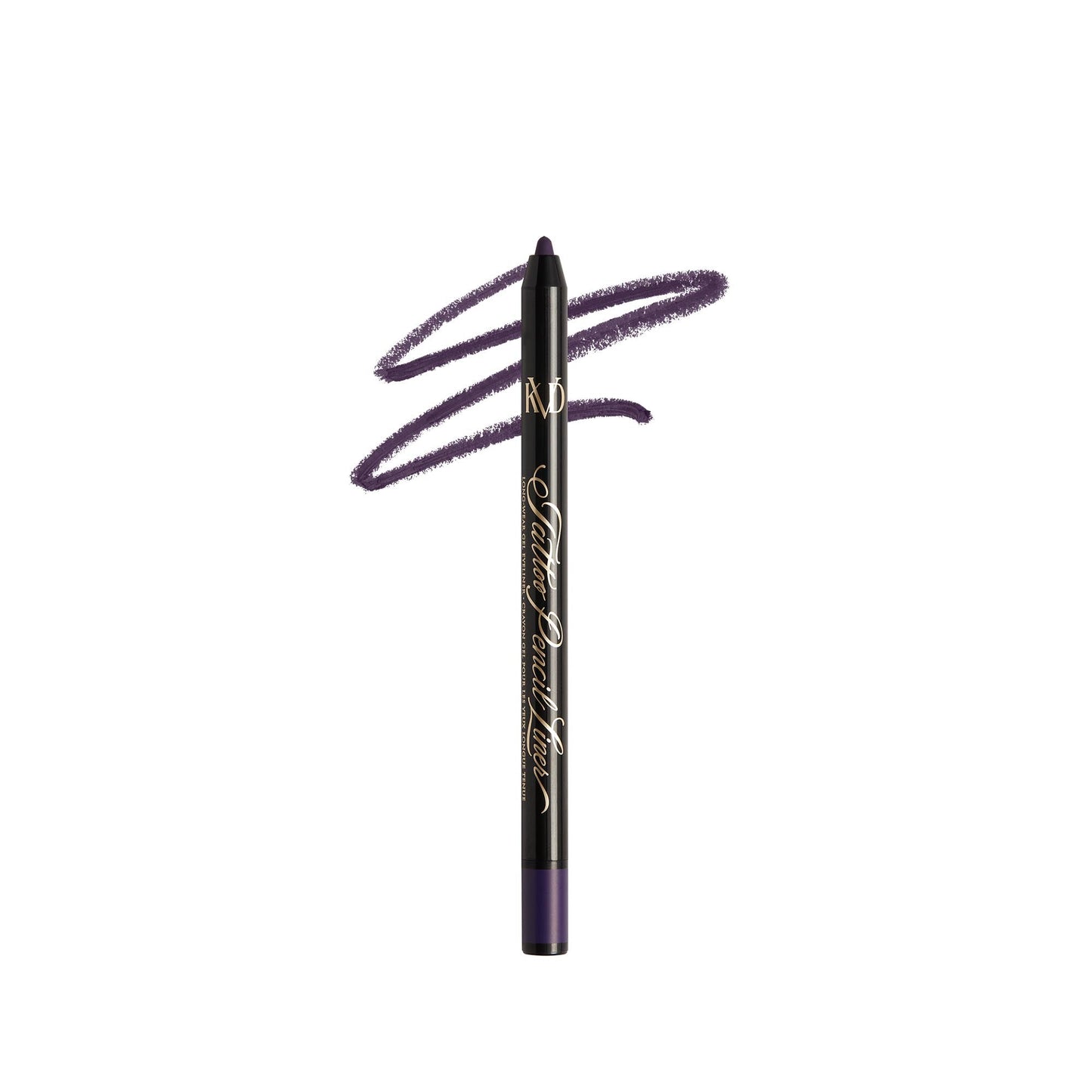 An open KVD Tattoo Pencil Liner Long-Wear Gel Eyeliner with smear in the shade Diox Purple.