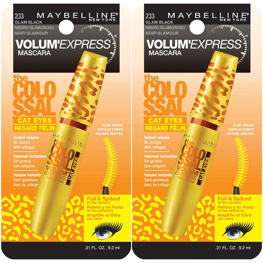 Maybelline New York Volum' Express The Colossal Cat Eyes Washable Mascara Makeup, Glam Black, 2 Count, Washable Glam Black