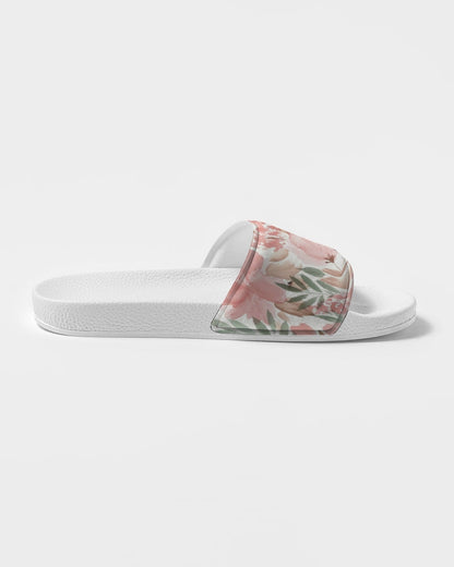 Pink Flowers Women Slides Sandals, Watercolor Floral White Designer Shoe Girls Flat Wedge Vegan Faux Leather Slippers Flip Flops Slip On