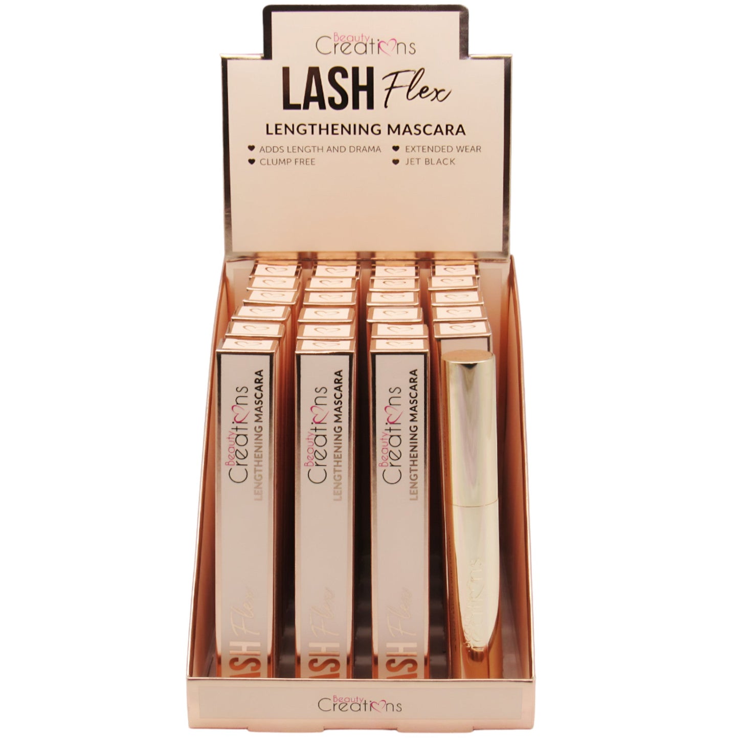 Máscara De Pestañas Alargadora Lash Flex Beauty Creations - Venta al por Mayor Display 23 Unidades + 1 Tester (EM01)