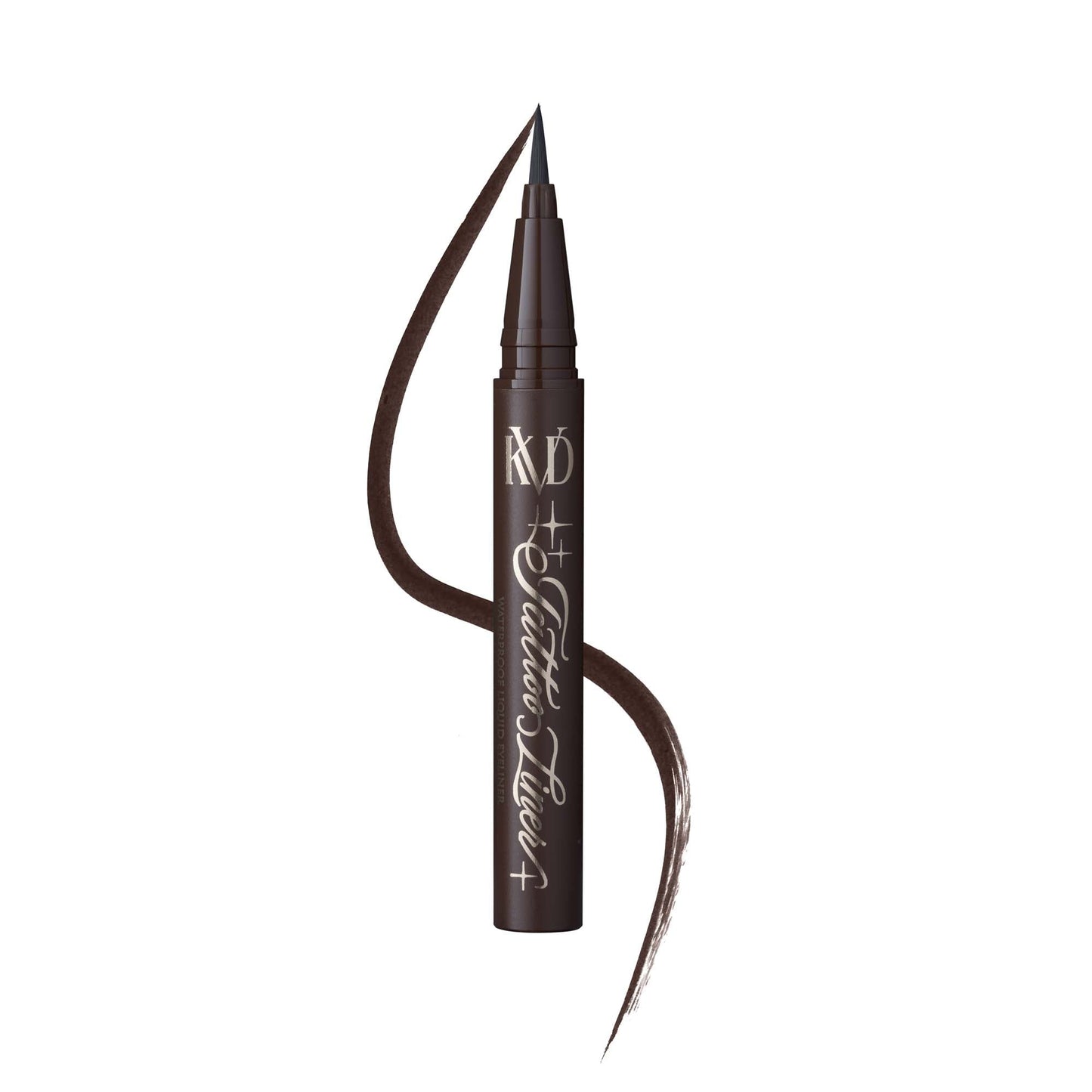 An open KVD Mini Tattoo Liner without cap with smear in the shade Mad Max Brown.