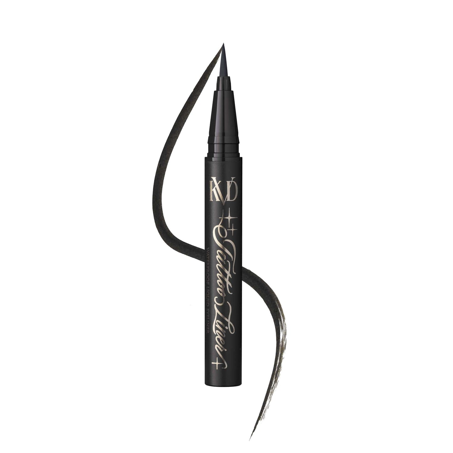 An open KVD Mini Tattoo Liner without cap with smear in the shade Trooper Black.