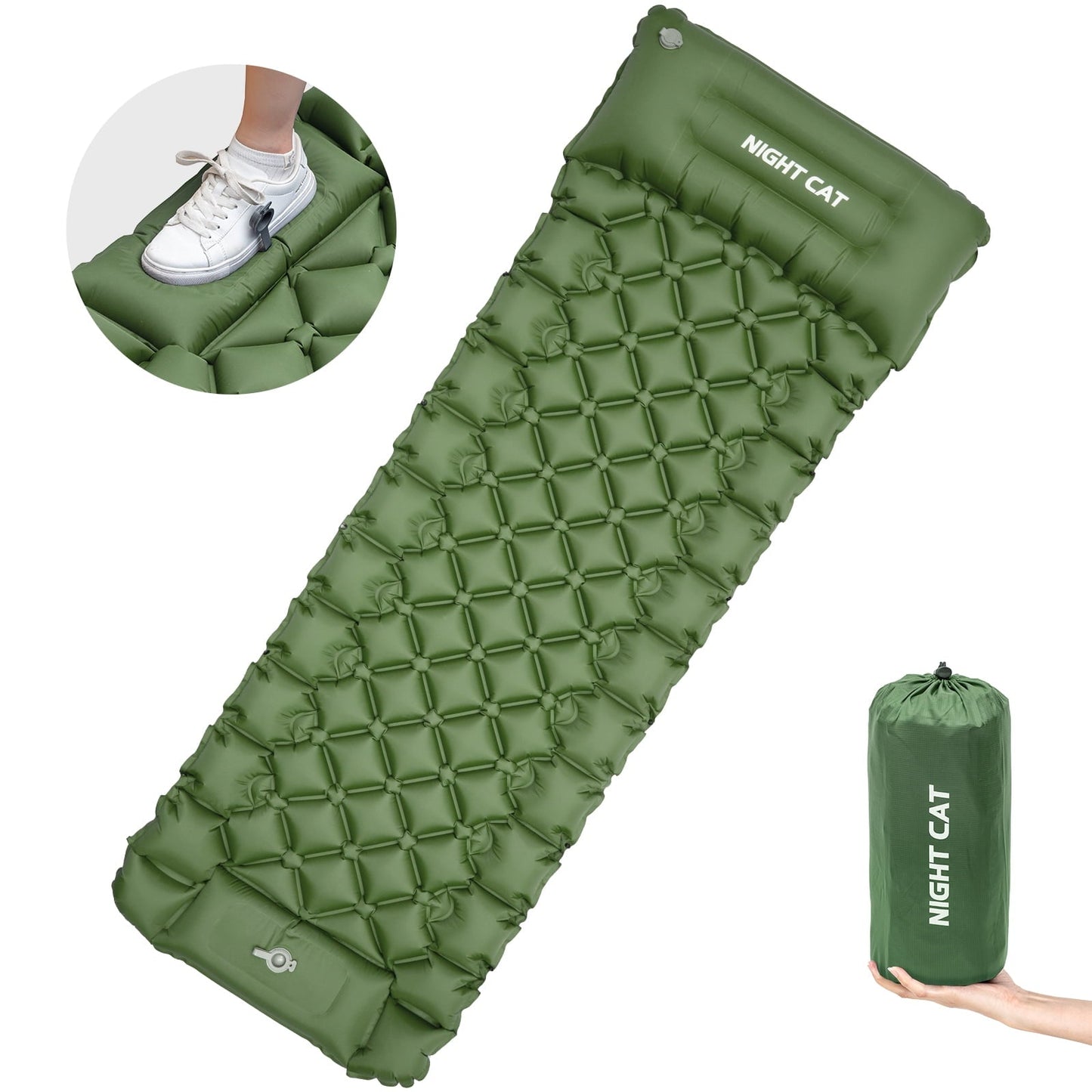 Night Cat Inflatable Sleeping Pads Mat Bed with Pillow and Air Bag for Camping, Backpacking Hiking; Ultra-Light, Compact, Comfortable, 75'x25' Blue