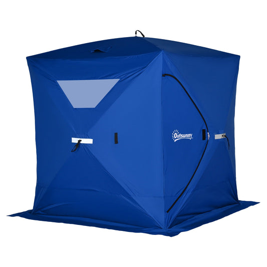Outsunny 2-4 People Ice Fishing Shelter, Pop-Up Portable Ice Fishing Tent with Carry Bag, Two Doors Ice Shanty for Winter Fishing, Blue