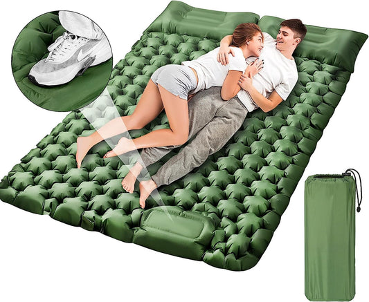 SHANNA Double Sleeping Pad for Camping, Self Inflating Camping Mattress with Pillow, Ultralight Waterproof Sleeping Mat for Backpacking, Hiking, Tent, Traveling, Green