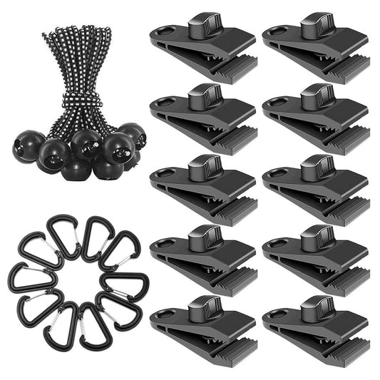 New 30Pcs Tarp Clips Tent Clips Heavy Duty Lock Grip with Bungee Ball Cords and Carabiner Strong Lock Grip Tent Clamps for Outdoor Camping Caravan Canopies