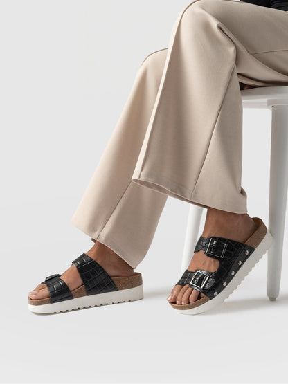 Sutton Slide - Black Croc Studded